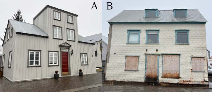 Comparison of two houses on Eyrin: House A is tidily restored, House B is in poorer condition
